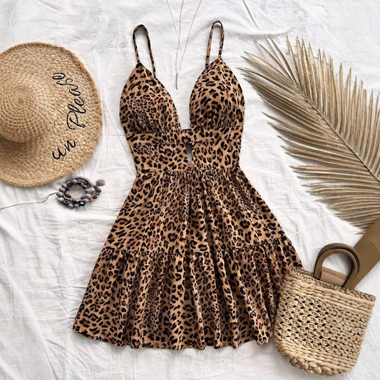 Robe courte pour femme avec bretelles plissées à motif animalier - Enara