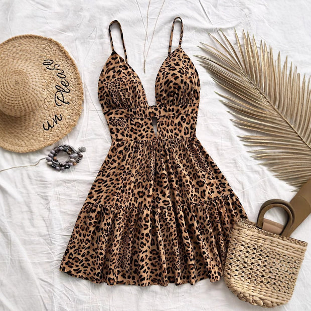 Robe courte pour femme avec bretelles plissées à motif animalier - Enara