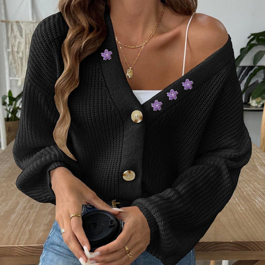 Damen Strickjacke mit V-Ausschnitt und Blumenstickerei mit Puffärmeln - Minerva