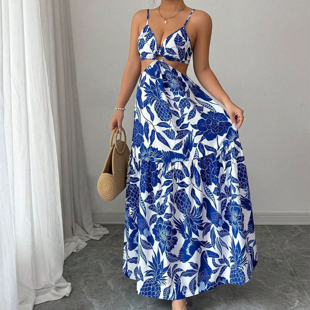 Robe longue pour femme, imprimé floral, bretelles découpées - Moenia