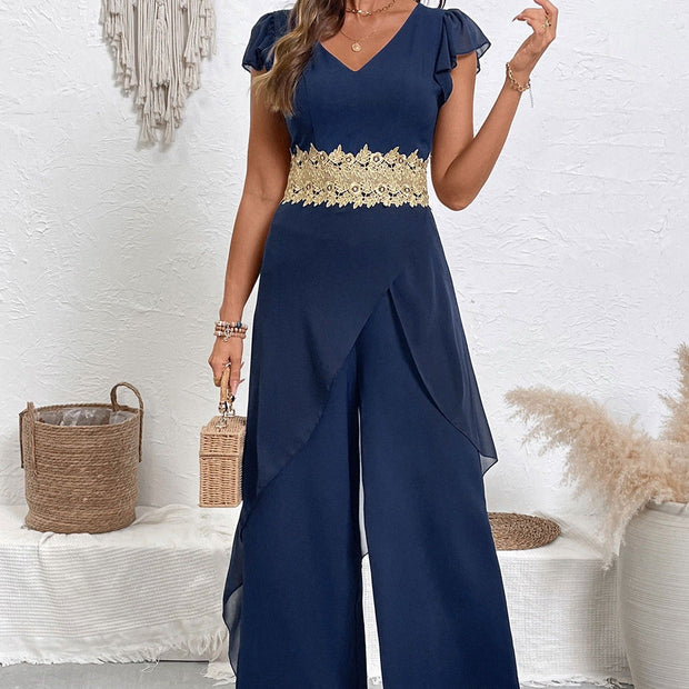 Combinaison longue pour femme en mousseline de soie avec une élégante dentelle florale - Julieta