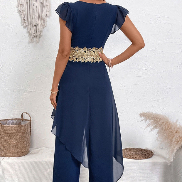 Combinaison longue pour femme en mousseline de soie avec une élégante dentelle florale - Julieta