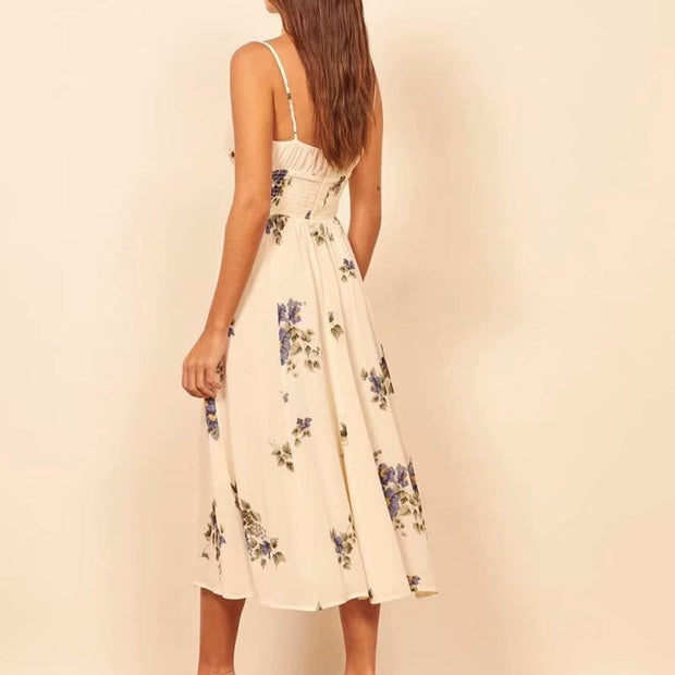Robe midi fleurie à fines bretelles et taille froncée pour femme - Isadora