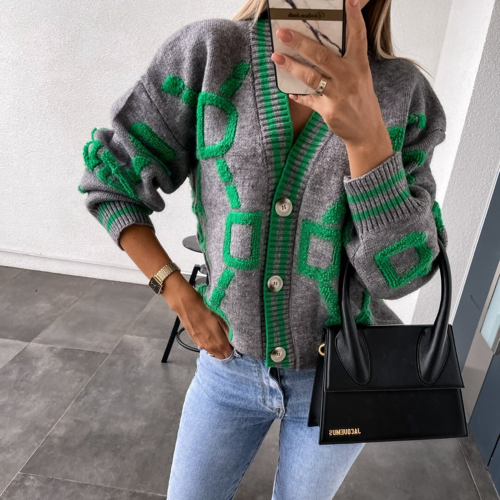 Jacquard-Strickjacke für Damen mit geometrischem Print in buntem Stil - Ninelle