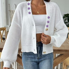 Damen Strickjacke mit V-Ausschnitt und Blumenstickerei mit Puffärmeln - Minerva