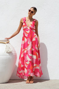 Robe longue femme imprimé abstrait décolleté profond - Dalira