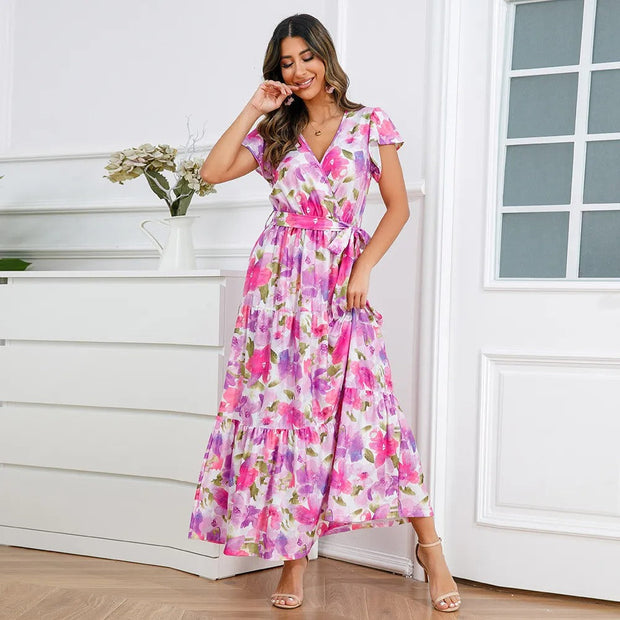 Robe croisée longue et fluide à fleurs pour femmes - Zulma