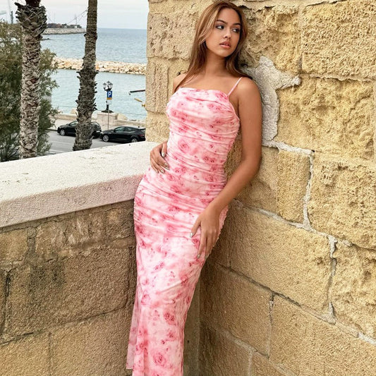 Robe longue et ajustée à imprimé floral avec fines bretelles - Nery