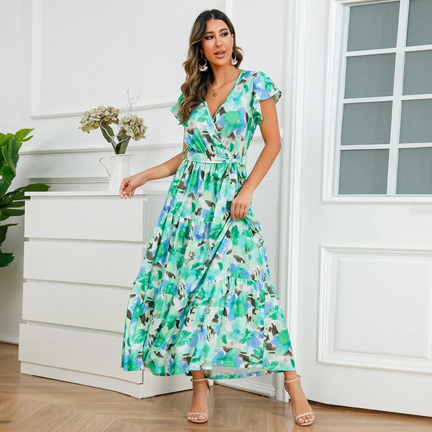 Robe croisée longue et fluide à fleurs pour femmes - Zulma