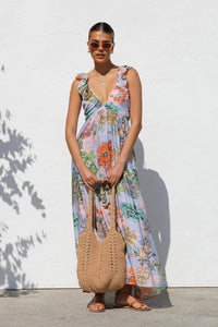 Robe longue femme imprimé abstrait décolleté profond - Dalira