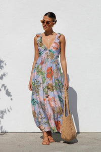 Robe longue femme imprimé abstrait décolleté profond - Dalira