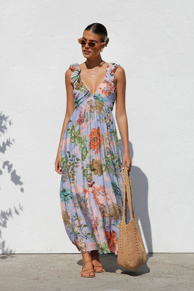 Robe longue femme imprimé abstrait décolleté profond - Dalira