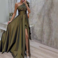 Robe longue plissée en satin à coupe asymétrique pour femme - Natalia