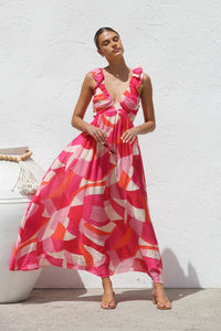 Robe longue femme imprimé abstrait décolleté profond - Dalira