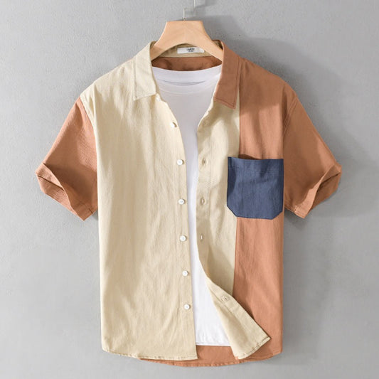 Chemise patchwork contrastée à manches courtes pour hommes - Elian