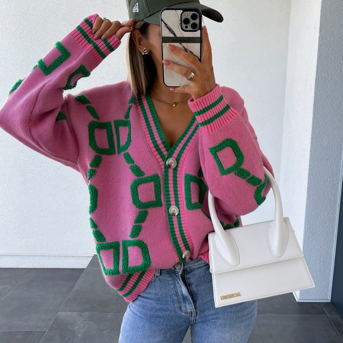 Jacquard-Strickjacke für Damen mit geometrischem Print in buntem Stil - Ninelle