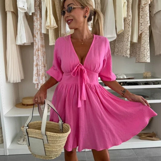 Robe courte à encolure froncée et manches bouffantes pour femme - Céline