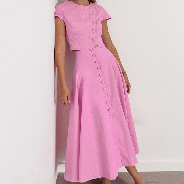 Ensemble deux pièces pour femme, haut boutonné et jupe midi évasée - Valeria