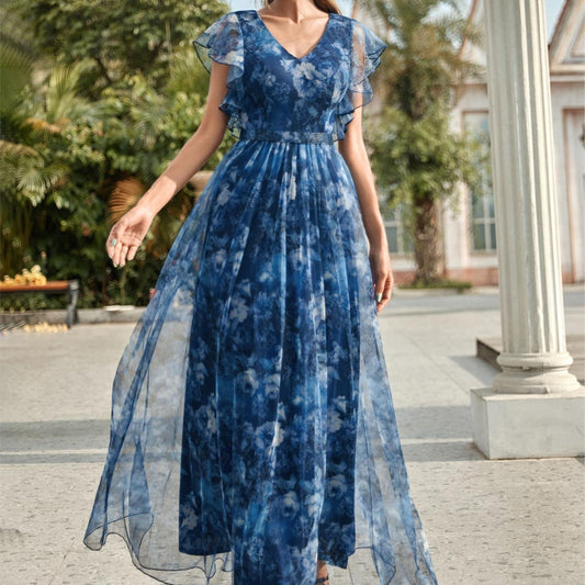 Robe longue pour femme en mousseline de soie imprimée, style aérien - Mariana