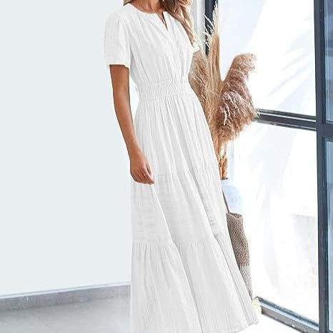 Damen Plissee Midikleid mit kurzen Ärmeln im Bohème-Stil - Lorena