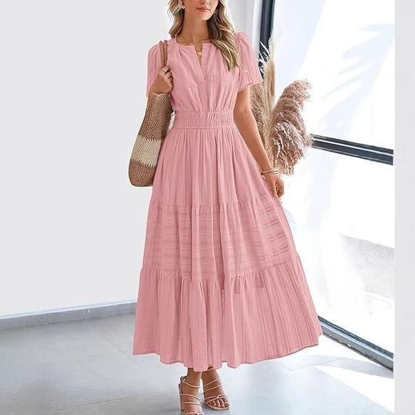 Damen Plissee Midikleid mit kurzen Ärmeln im Bohème-Stil - Lorena
