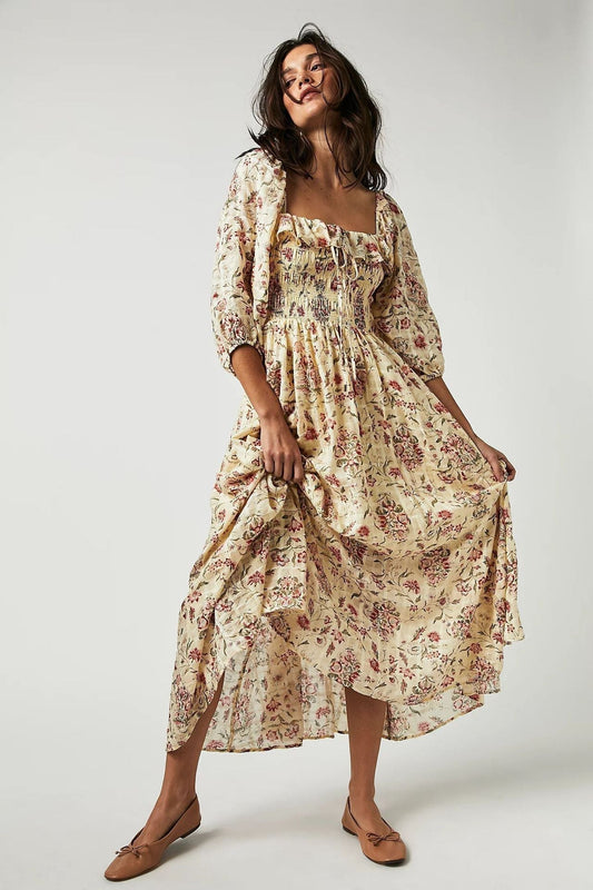 Samira Robe midi imprimée avec haut froncé et volants