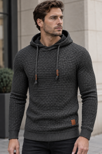 Herrenpullover mit Kapuze, strukturierter Strick und Kordelzug – Ronan