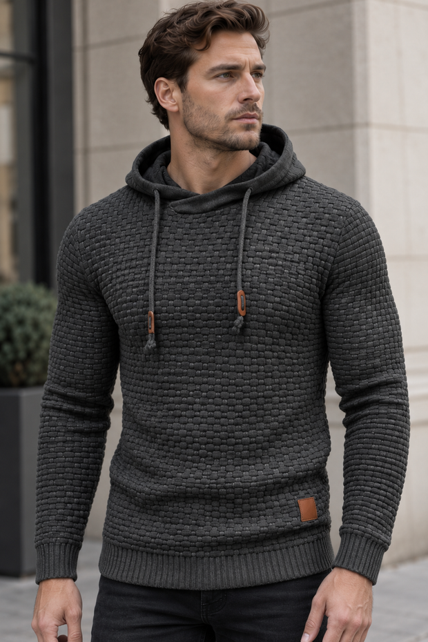 Herrenpullover mit Kapuze, strukturierter Strick und Kordelzug – Ronan