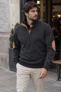 Herrenpullover mit Rollkragen, Knöpfen und kontrastfarbenen Ellbogenpatches – Thorben