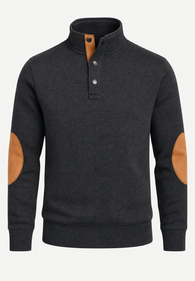 Herrenpullover mit Rollkragen, Knöpfen und kontrastfarbenen Ellbogenpatches – Thorben