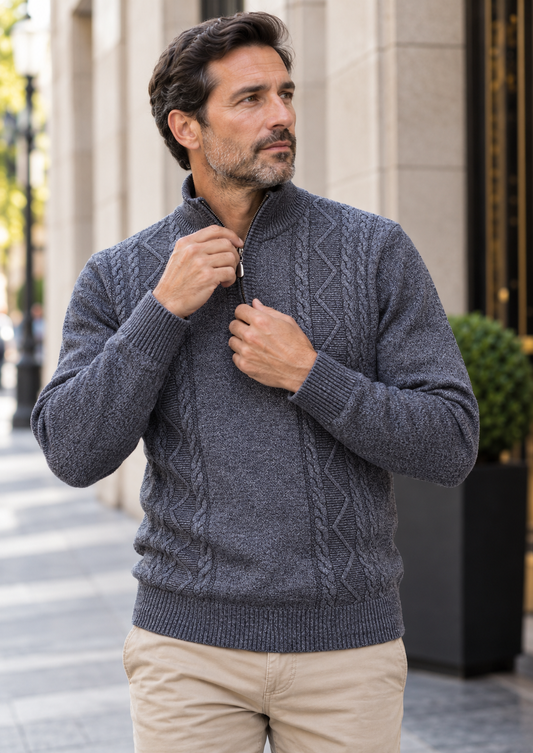 Pull homme col montant demi-zip maille torsadée - Beltrán