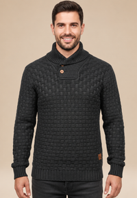 Herrenpullover mit Schalkragen, Knöpfen und strukturiertem Strickmuster – Hadrian