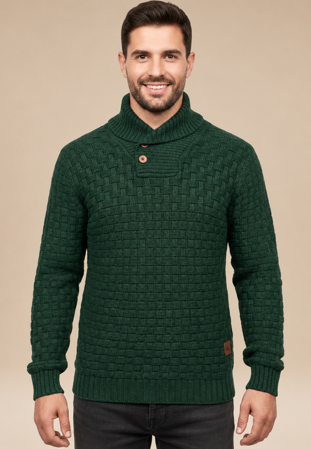 Herrenpullover mit Schalkragen, Knöpfen und strukturiertem Strickmuster – Hadrian