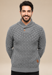 Herrenpullover mit Schalkragen, Knöpfen und strukturiertem Strickmuster – Hadrian