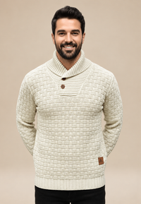 Herrenpullover mit Schalkragen, Knöpfen und strukturiertem Strickmuster – Hadrian