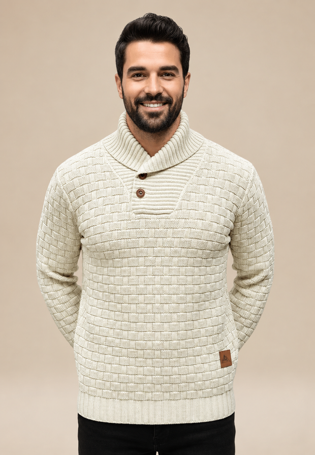Herrenpullover mit Schalkragen, Knöpfen und strukturiertem Strickmuster – Hadrian