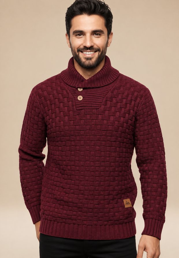 Herrenpullover mit Schalkragen, Knöpfen und strukturiertem Strickmuster – Hadrian