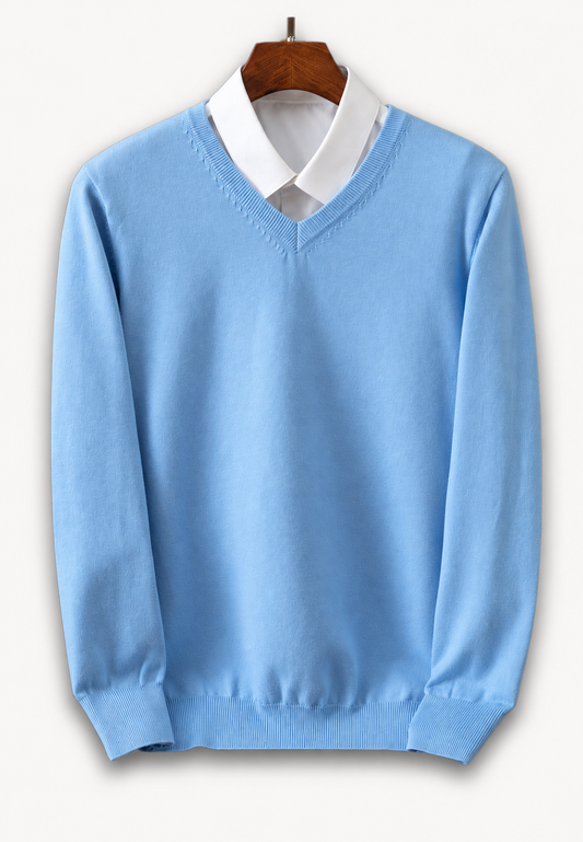 Pull homme à col en V et manches longues, en maille unie - Lucan