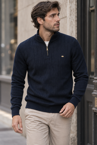 Pull homme à demi-fermeture éclair, col montant et motif côtelé - Mikkel