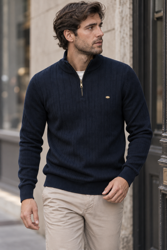 Herrenpullover mit halbem Reißverschluss, Rollkragen und Rippstrick – Mikkel