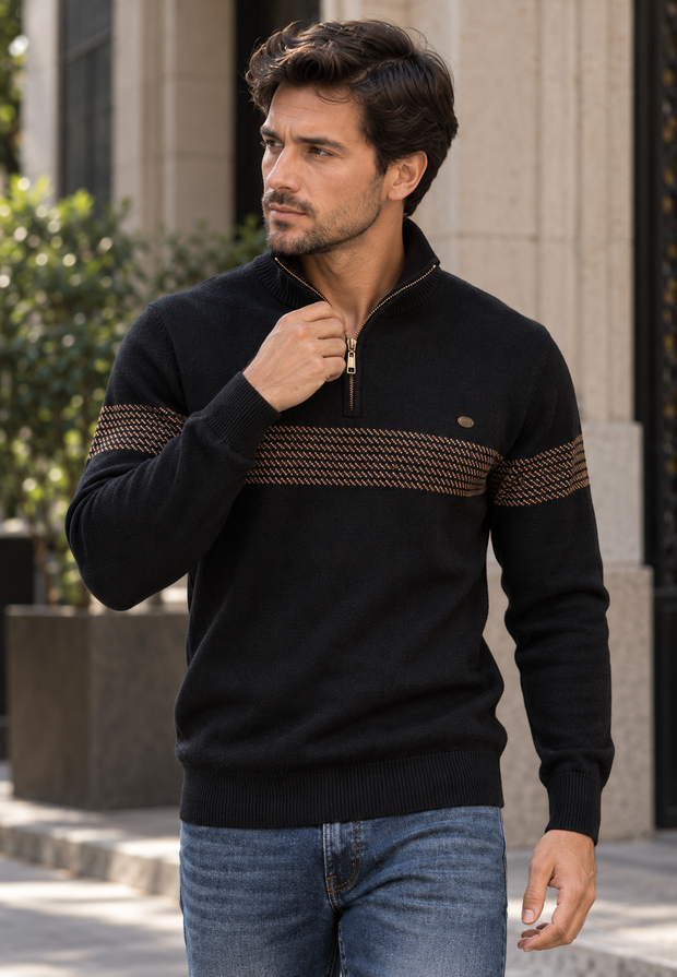 Pull homme à demi-fermeture éclair, col montant et rayures géométriques - Nolan