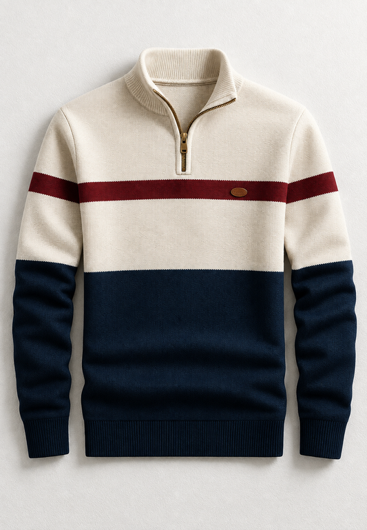 Pull homme à demi-fermeture éclair, col montant et rayures horizontales - Auden
