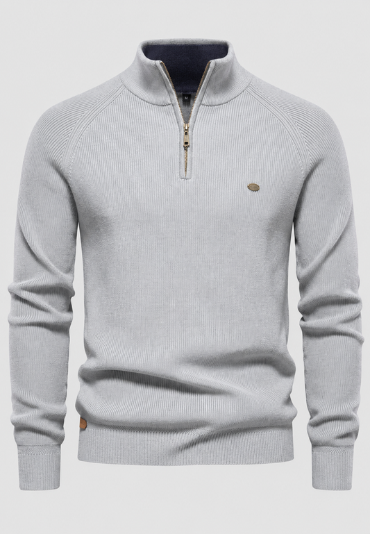 Herrenpullover mit halbem Reißverschluss, Stehkragen und Raglanärmeln – Leif
