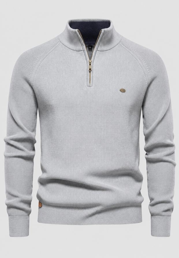 Herrenpullover mit halbem Reißverschluss, Stehkragen und Raglanärmeln – Leif