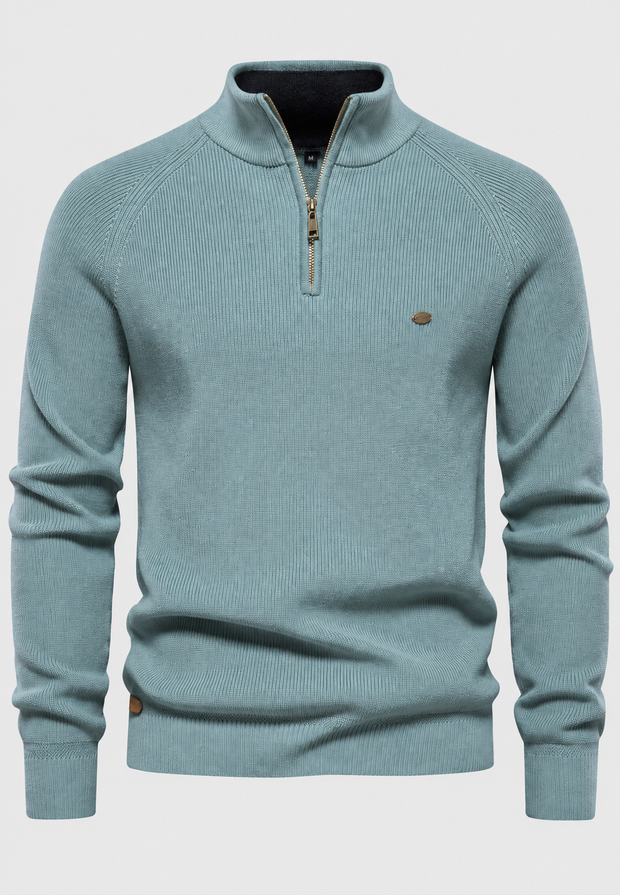 Herrenpullover mit halbem Reißverschluss, Stehkragen und Raglanärmeln – Leif