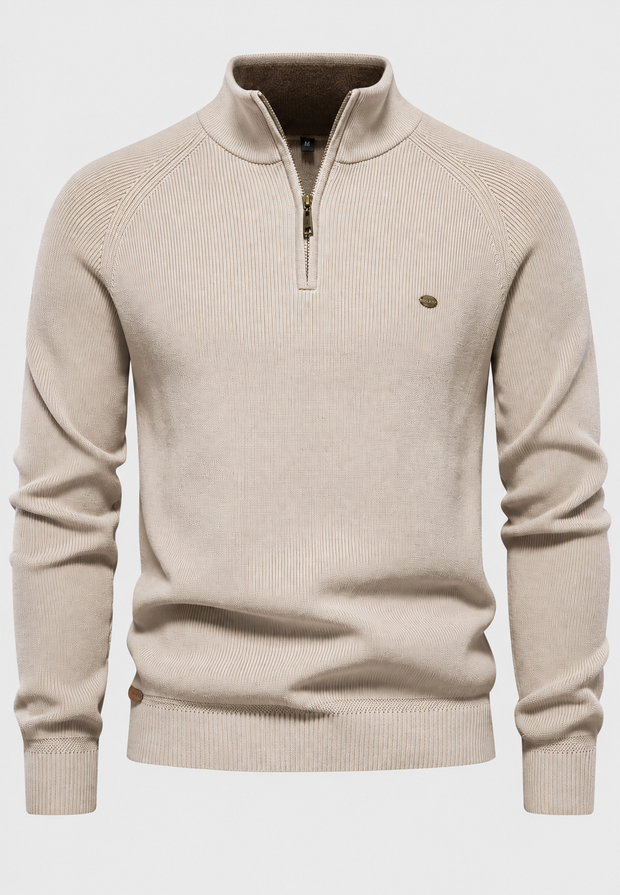 Herrenpullover mit halbem Reißverschluss, Stehkragen und Raglanärmeln – Leif