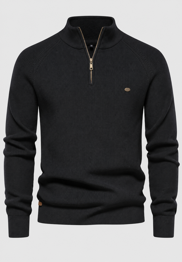 Herrenpullover mit halbem Reißverschluss, Stehkragen und Raglanärmeln – Leif