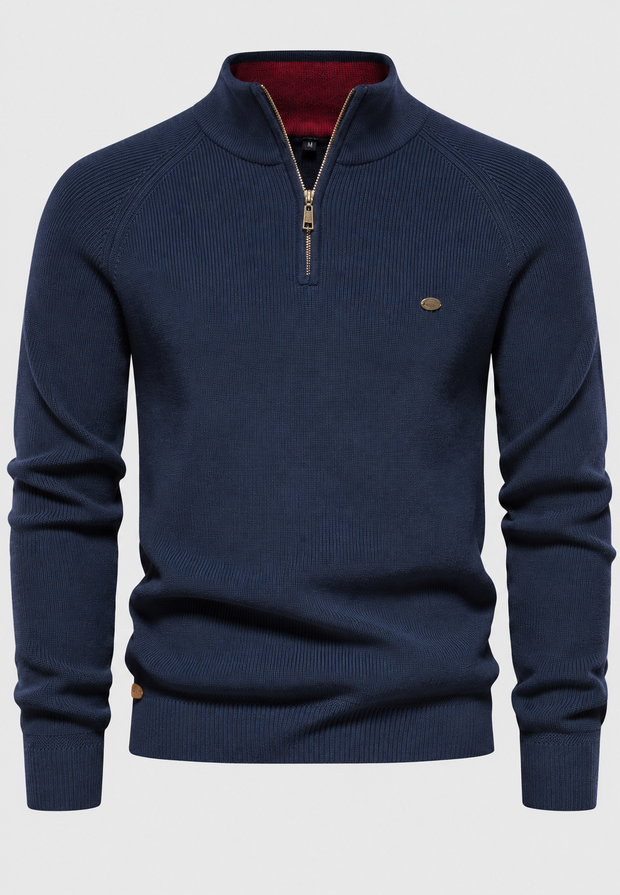 Herrenpullover mit halbem Reißverschluss, Stehkragen und Raglanärmeln – Leif