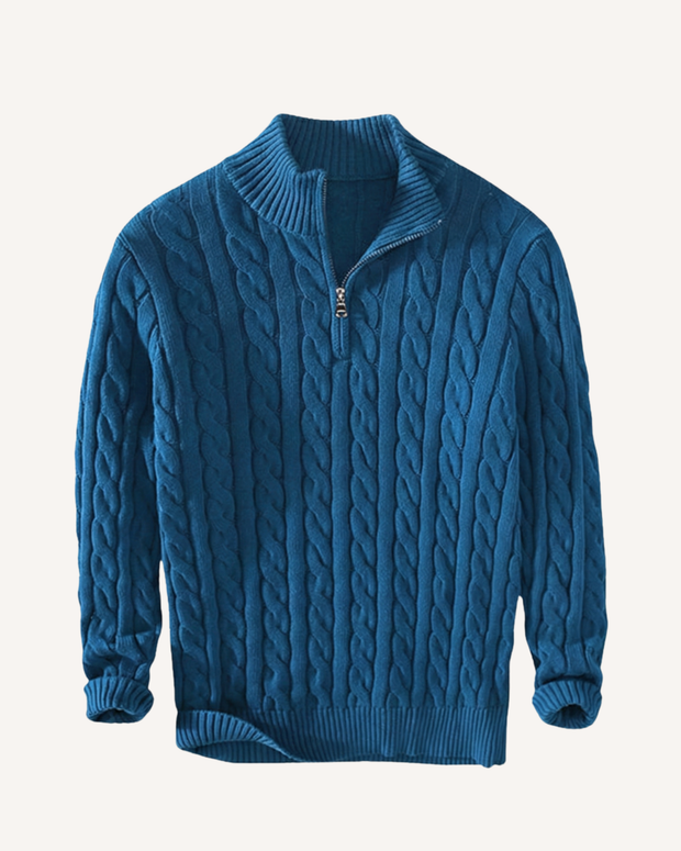 Pull homme à demi-fermeture éclair, col montant, maille torsadée - Moritz