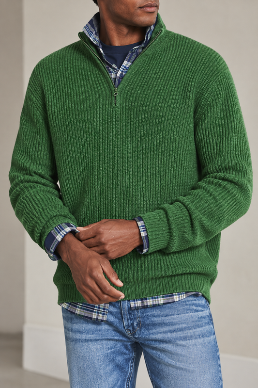 Herrenpullover mit halbem Reißverschluss, Rippstrick und hohem Kragen – Stellan